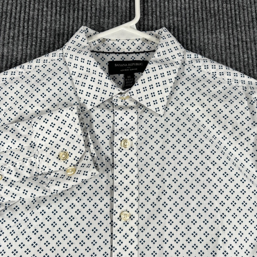Banana Republic Shirt Mens Medium White Geometric Long Sleeve Button Up Slim Fit